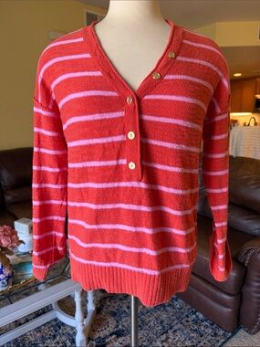 LOFT Coral & Pink Striped V-Neck Button Sweater
